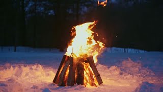 Relaxing Fireplace Burning Wood on Snow, ASMR relaxing burning sound of wood logs outdoors