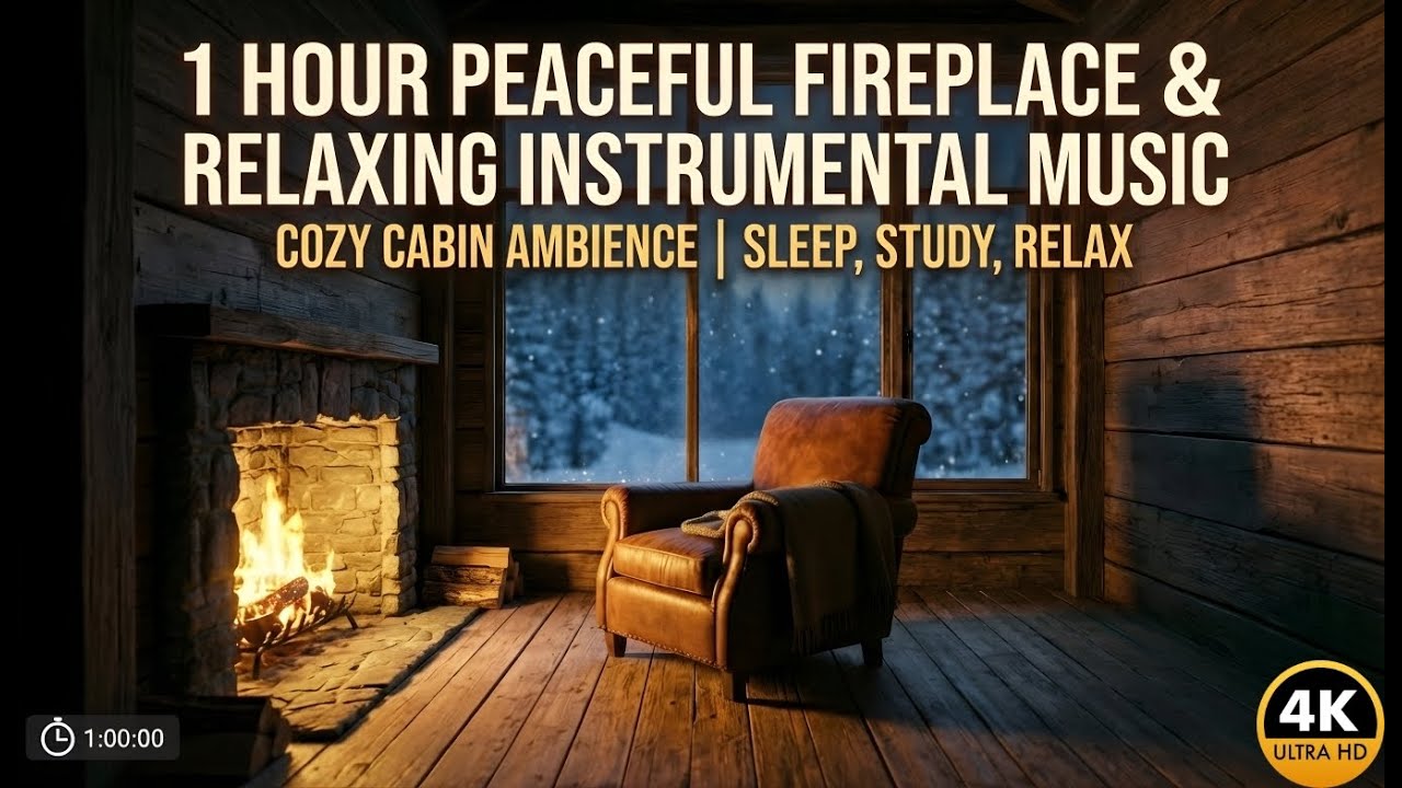 Cozy Fireplace Ambience with Soft Music | Winter Cabin Night
