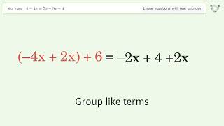 Linear equation with one unknown: Solve 6-4x=7x-9x+4 step-by-step solution