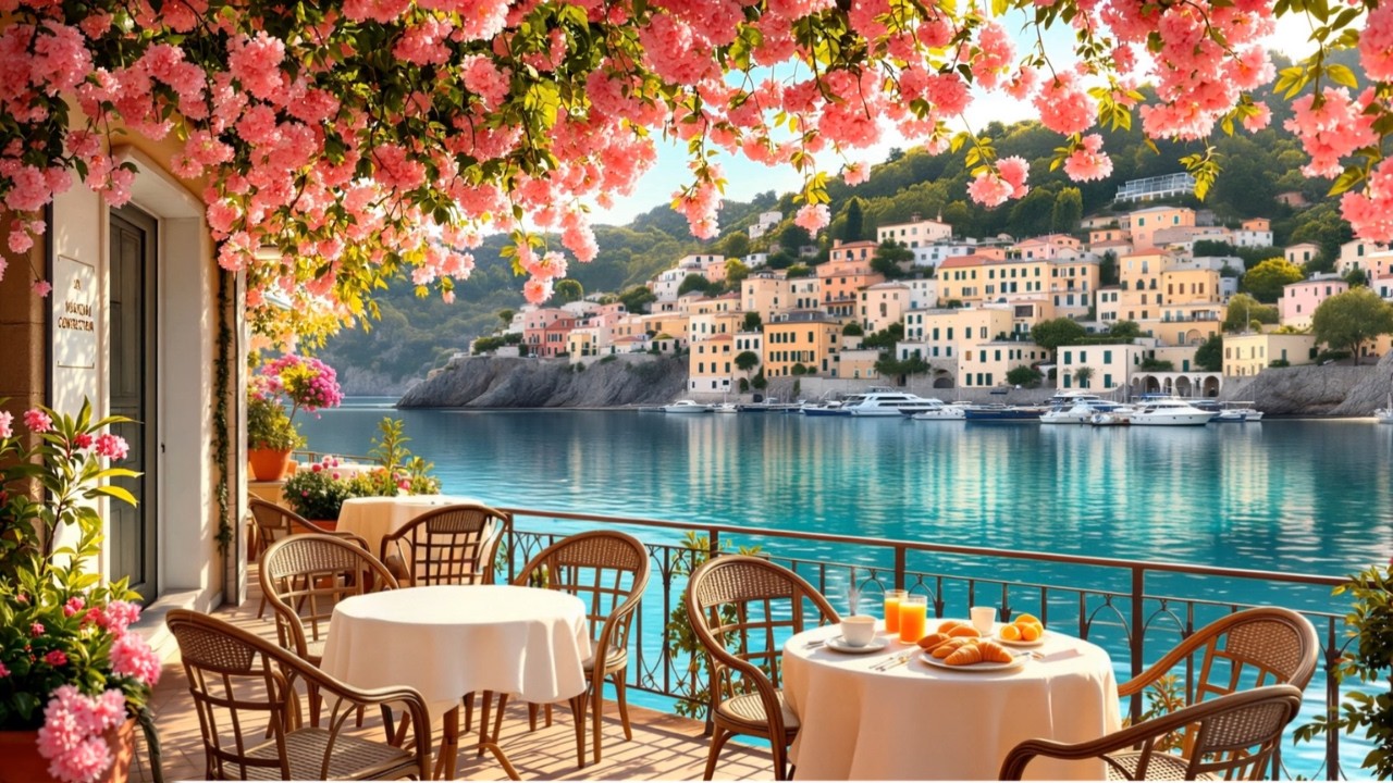 Cozy Mediterranean Cafe by The Sea 🌸 Soft Spring Jazz Music at Coffee Shop Ambience for Work, Study