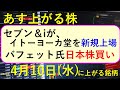 あす上がる株　2024年４月１０日（水）に上がる銘柄　～最新の日本株での株式投資。セブン＆iがイトーヨーカ堂を新規上場、バフェット氏日本株買い、小林製薬の空売りが負けている株価の推移。～
