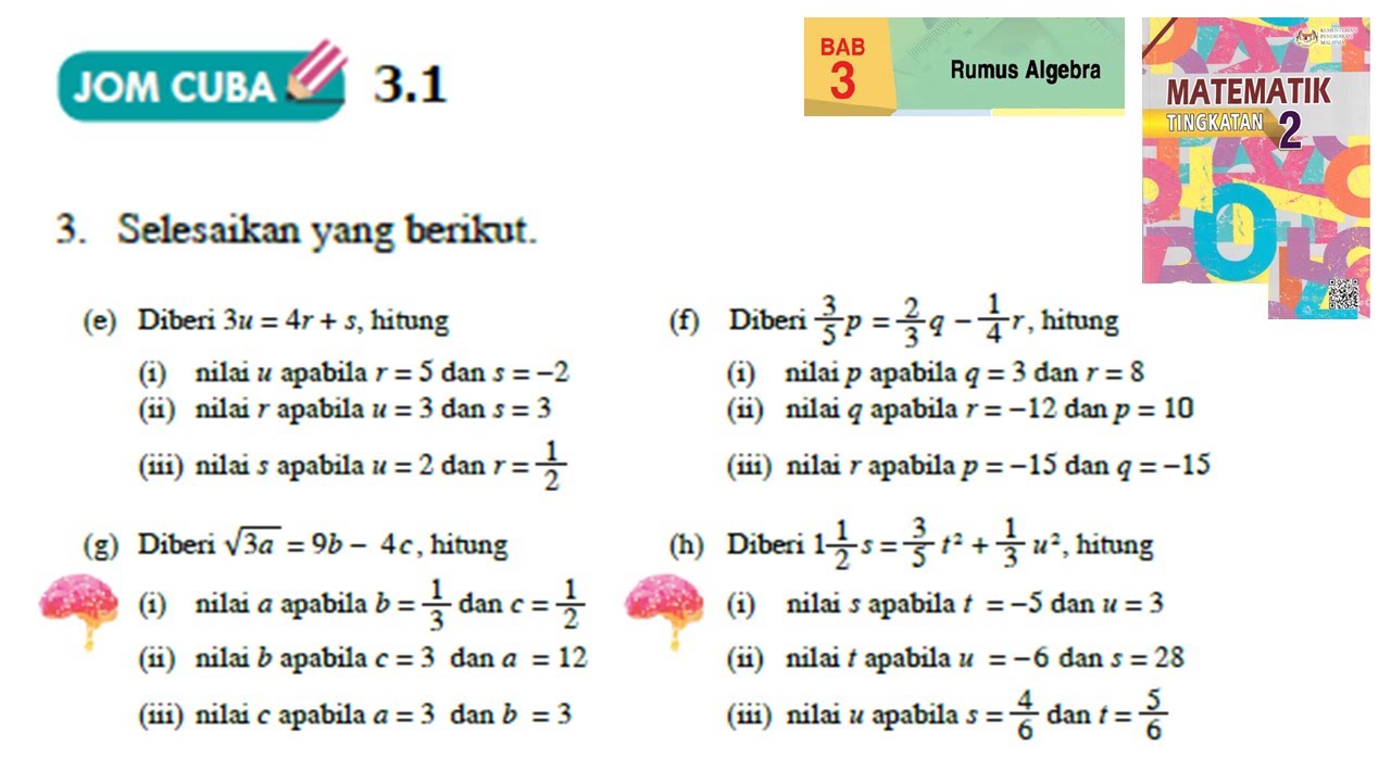 KSSM Matematik Tingkatan 2 Bab 3 rumus algebra jom cuba 3.1 no3 eh