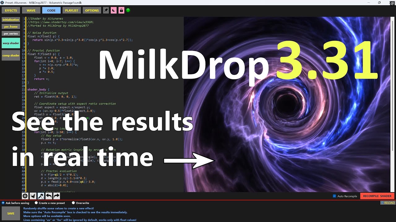 MilkDrop 3.31 with shader code editor is now available :) - YouTube