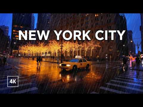 New York, الولايات المتحدة | Manhattan | جولة ليلية تحت المطر 4K