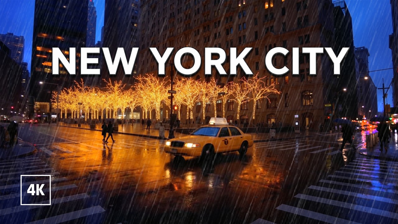 New York, Amerika Serikat | Manhattan | Jalan Malam Saat Hujan 4K