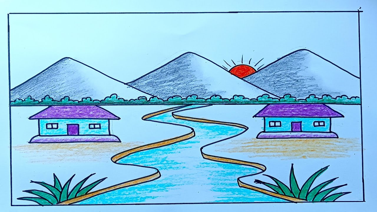 how to draw a beautiful village river scenery / easy landscape drawing