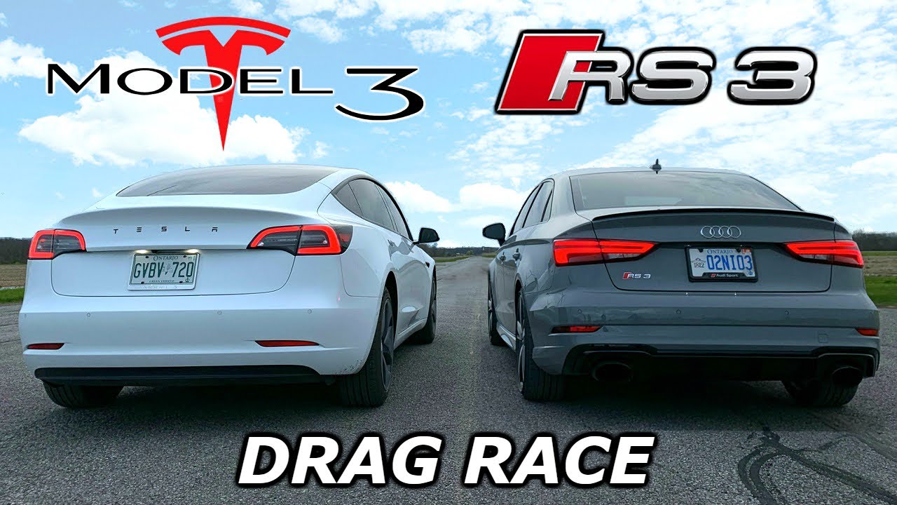 DRAG RACE - Audi RS3 vs Tesla Model 3 // Throttle House Track Series