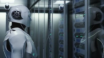 Humanoid Robot Checking Servers Stock Video