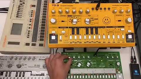 Behringer TD-3 synced  RD-6 (yellow and green). Roland TB-303 and TR-606 clones.