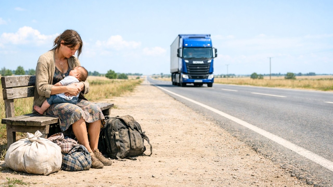Caminhoneiro solitário encontra MÃE FRACA abandonada com seu bebê…então ele faz isso…
