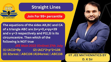 Q9 equations of the sides AB,BC and CA of a triangle A2x+y=0,x+x-y=3 JEE Main 20223,27th July Evng