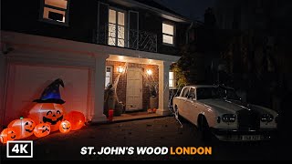 London Night Walk Posh Area, St Johns Wood Halloween Edition Dark Streets & Decor Hunt 4K