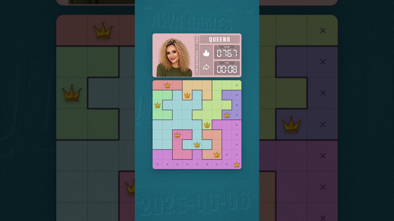 LinkedIn Queens #767 solved board for June 6, 2026, 9x9 grid