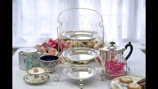 シルバープレート製 優美な透かし細工 三段 アフタヌーンティー ケーキスタンド/ Silver plate 3 tier cake stand with pierced plates