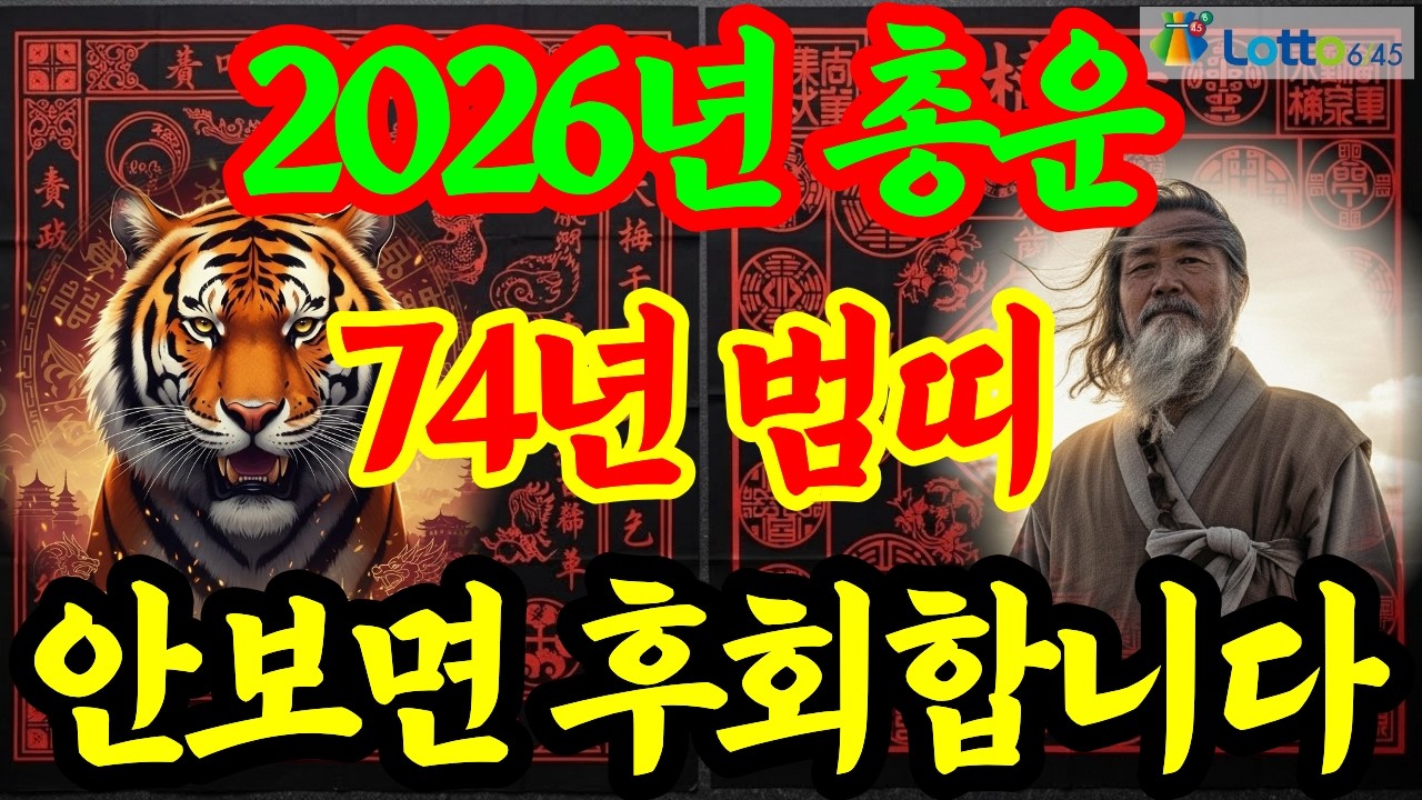 1974년 갑인생 호랑이띠, 2026년(丙午年) 총운, 상세 운세(재물운, 문서운, 건강운, 사업운, 직업운, 대인관계운, 애정운, 가정운 등) 및 2026년 로또 행운 번호 공개
