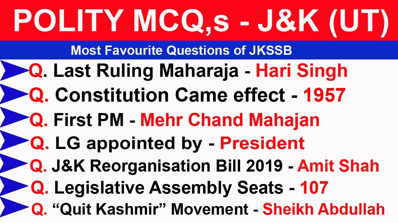 Polity l J&K (UT) l MCQ's l VLW l STOCK ASSISTANT l JR ASSISTANT l FAA l JKPSI l VET. ASSISTANT