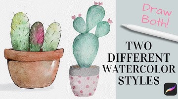 How to Draw a Watercolor Cactus in Procreate (Two Different Watercolor Styles) - Beginner Friendly