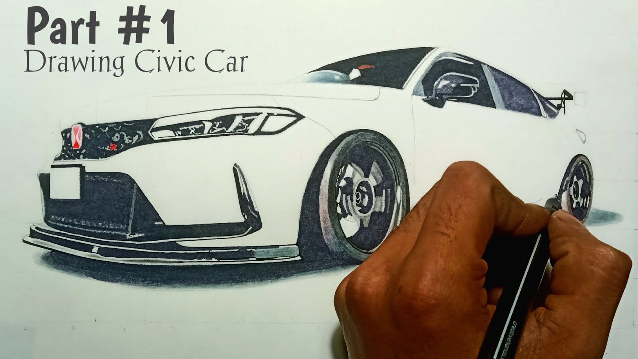 Drawing Honda Civic Type R Car (Part 1) - YouTube