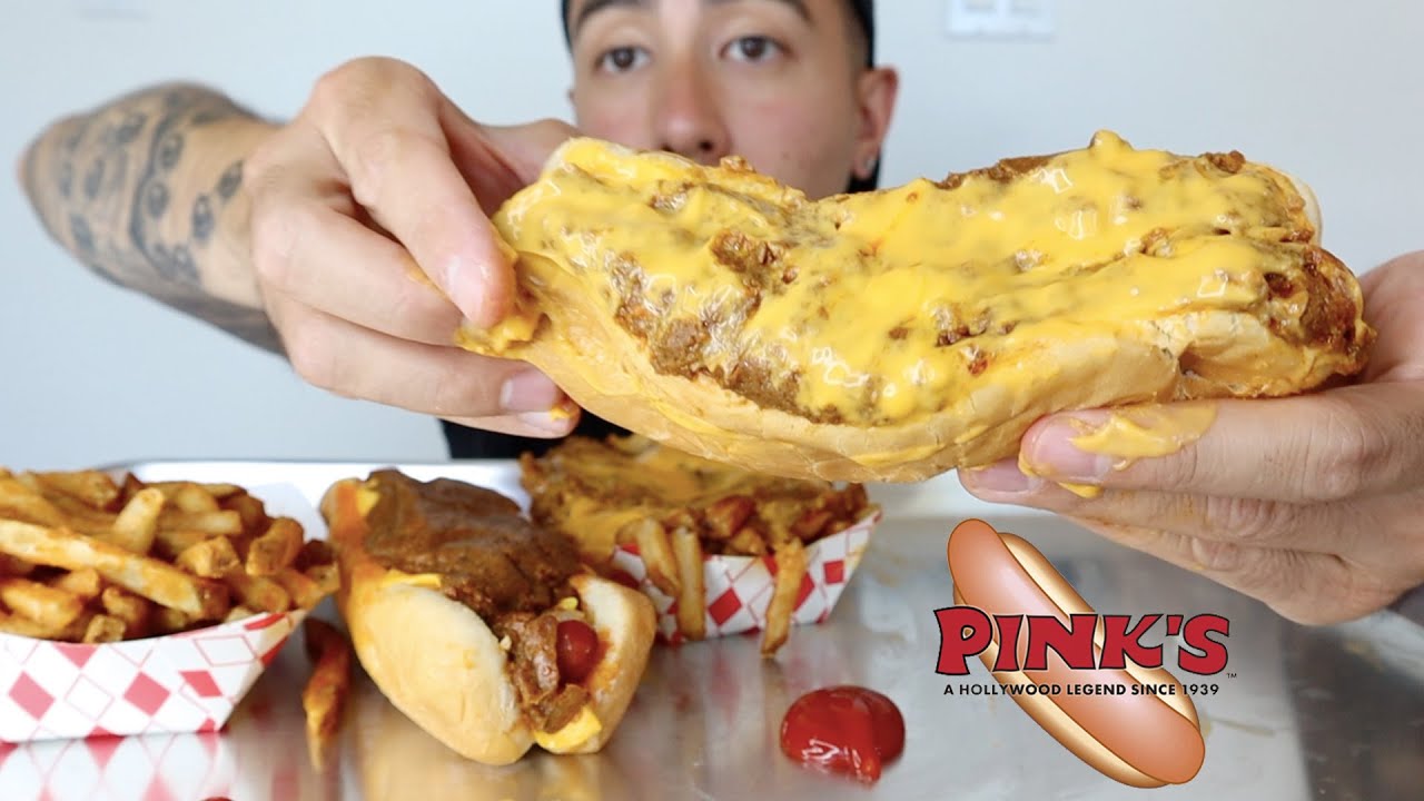 Chilli Cheese Dogs  Nacho Chilli Cheese Fries  Pinks Hot Dogs LA Mukbang