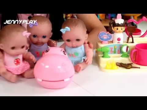 Jenny play 콩순이의 아기하마 양치놀이 와 베렝구어 삼 쌍둥이 리틀 큐티스 인형 장난감 놀이