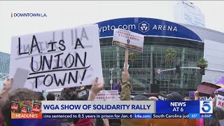 Thousands gather for massive writers strike rally in downtown Los Angeles