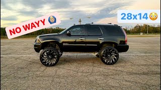No wayy He has 28x14 on his 2012 Yukon Denali | Lifted trucks | Squatted trucks | Must watch | Crazy