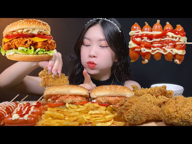 ASMR 먹방 | 뼈 없는 치킨, 치킨 다리, 치킨 버거, 프라이드 소시지, 감자 칩 | 상상만으로 군침도는 음식 소리 🍗🍔🌭🍟