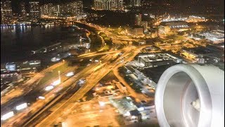 Airbus A350. Night takeoff from Hong Kong Airport. Full Engine and Wing View. Great Sound