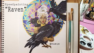 TIMELAPSE Acrylic Painting - 'Raven' Girl with Ravens Gold Paint