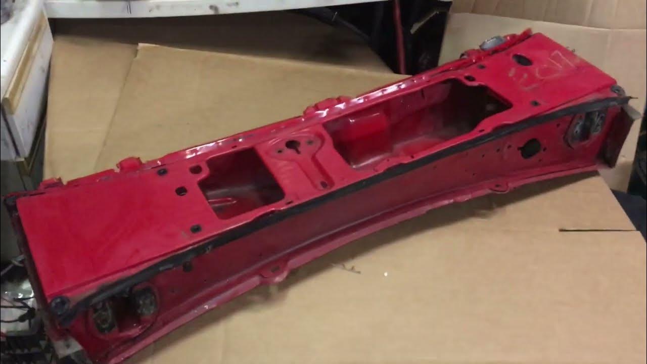 Ford Mustang bright red fox body wiper cowl panel hood flip damage