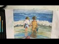 Kids at the beach watercolor and ink