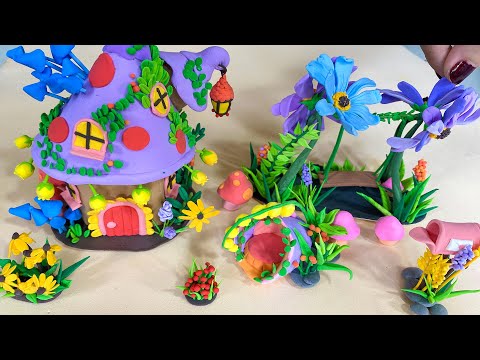 DIY HOW TO MAKE POLYMER CLAY miniature house, flower, mushroom, tree| Village House