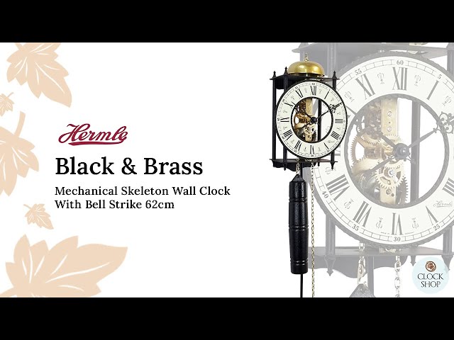 62cm Black & Brass Mechanical Skeleton Wall Clock With Bell Strike