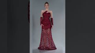 Bordo Asimetrik Straplez Yaka Transparan Uzun Balık Abiye Abk2581