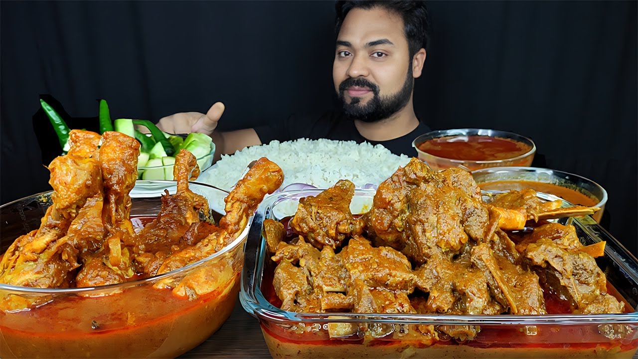 SPICY DESI STYLE MUTTON CURRY, GRAVY, CHICKEN LEG PIECE, SALAD, RICE MUKBANG EATING SHOW | BIG BITES