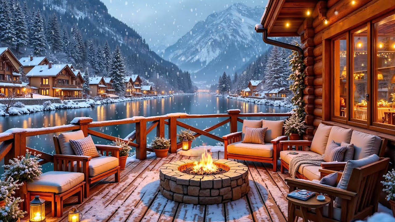 Snowy Winter Cabin by the Lake ️ Fireplace Ambience & Relaxing Piano ...