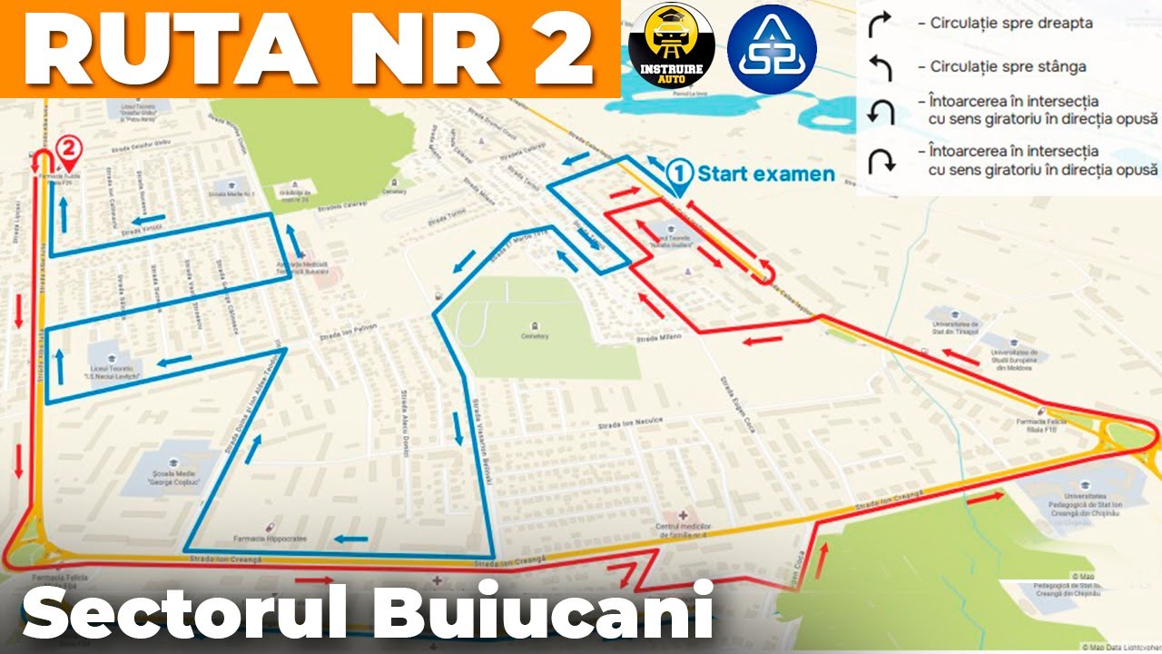Ruta de examinare la proba practică Nr.2 Chișinău, sectorul Buiucani, 2025! Rutele de examinare noi