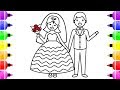 Wedding Bride and Groom Coloring Page with Colored Marker -  Coloring Book