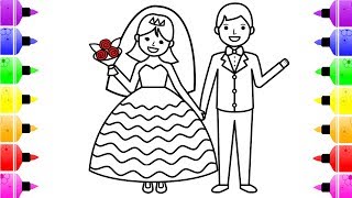 Wedding Bride and Groom Coloring Page with Colored Marker - Coloring Book