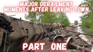 TP&W/ NS  Kokomo grain train has a DERAILMENT moments after leaving town