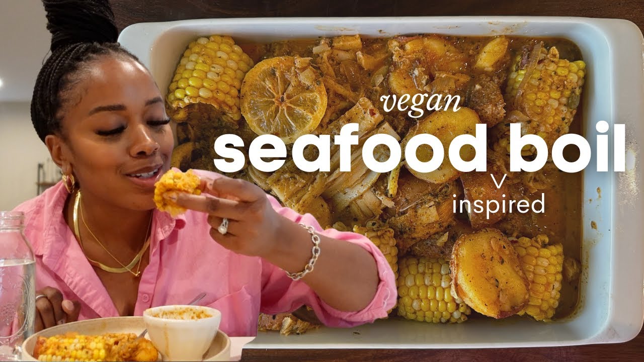 My First Vegan Seafood Inspired Boil Buttery Corn, Sausage, Mushroom Calamari, Hearts of Palm