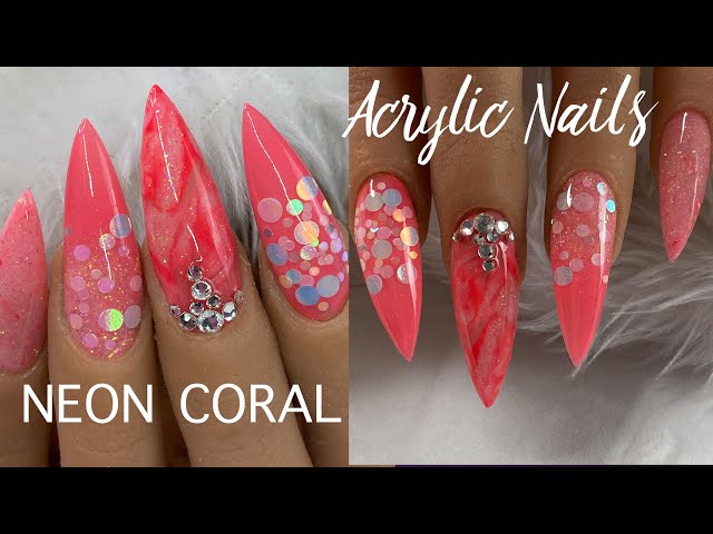 Neon Coral Acrylic Nails Design - YouTube