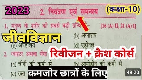 नियंत्रण एवं समन्वय कक्षा 10 || Niyantran Evam Samanvay Objective Question || Class 10th Biology