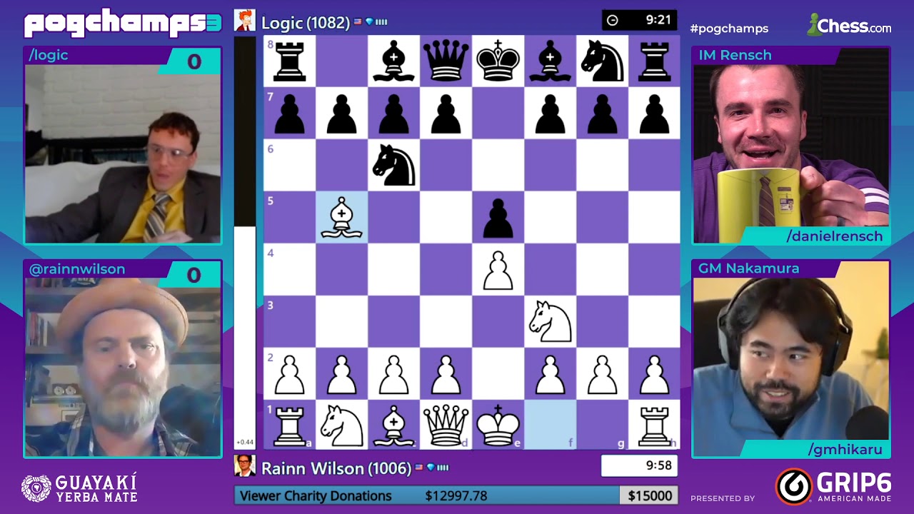 Logic dresses as Dwight Schrute from The Office in his Chess game against Rainn Wilson