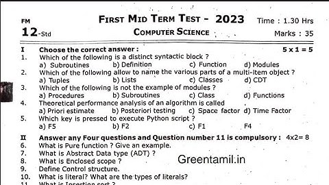 12th computer science First mid term test Original Question Paper 2023 English medium
