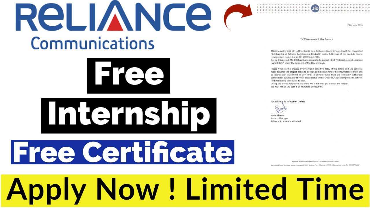 Reliance Free Internship | Free Certificate | JIO Internship | Free Internship