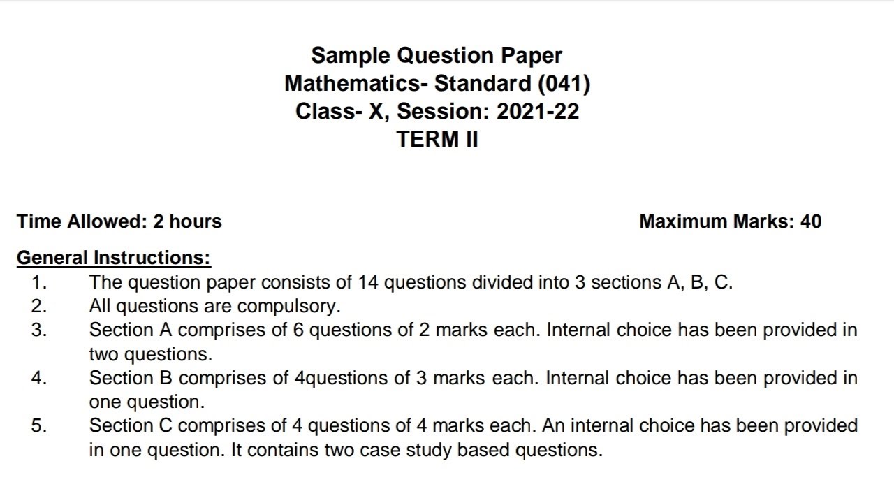 Sample paper of class 10th term 2 solution maths standard 041 youtube