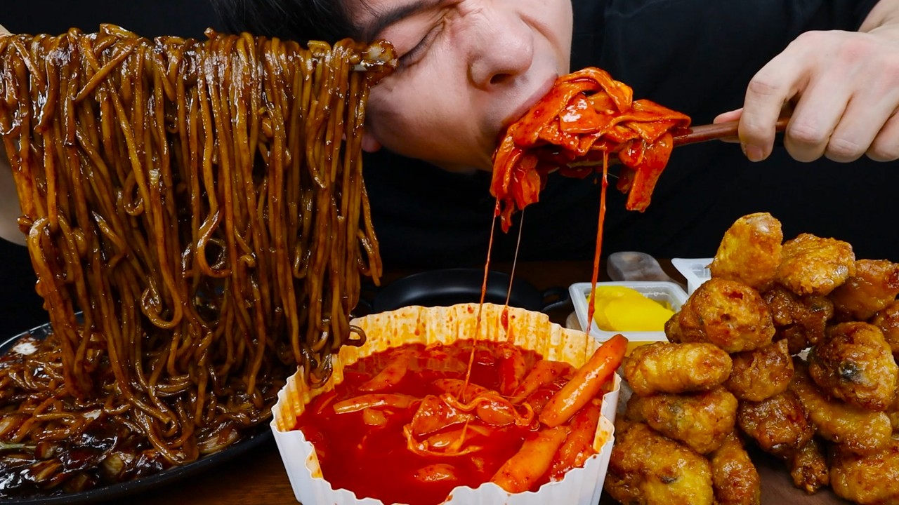 ASMR 간짜장 & 엽떡 & 허니콤보 역대급 조합 BLACK BEAN NOODLES & SPICY TTEOKBOKKI & HONEY CHICKEN REAL SOUND MUKBANG