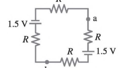(26-29) For the circuit shown in Fig. 26-47, find the potential difference between points aand b. E