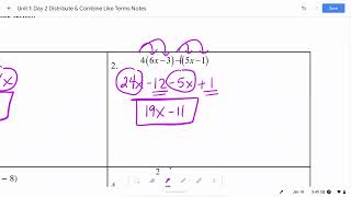 Unit 1: Day 2: Distribute & Like Terms Notes